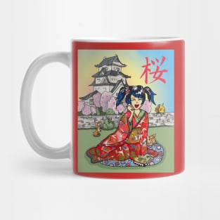 Cellphone chat at a cherry blossom castle in Japan Mug